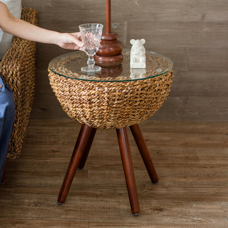 希少】サイドテーブル 花台 木製 ラタン天板 アジアン家具