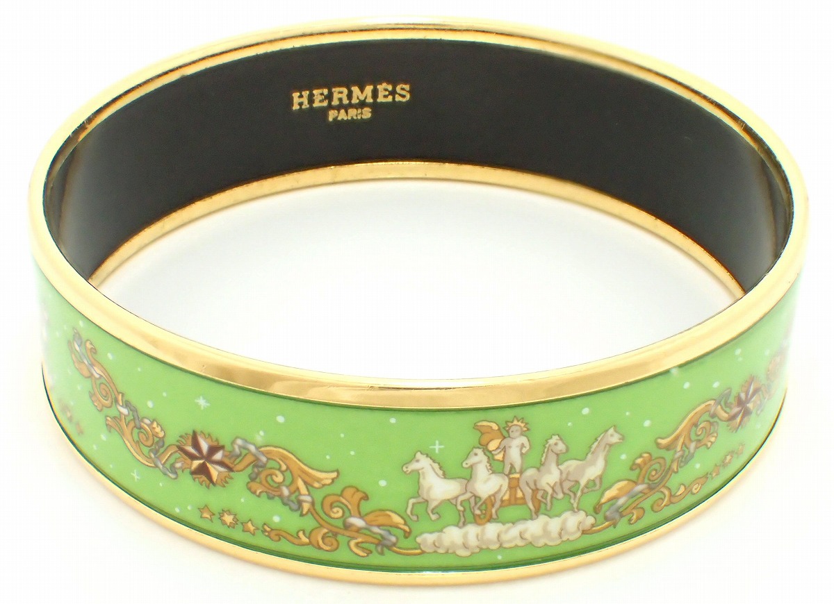 HERMES バングル エマイユPM ゴールド 黄緑 アクセサリー リーフ 七宝