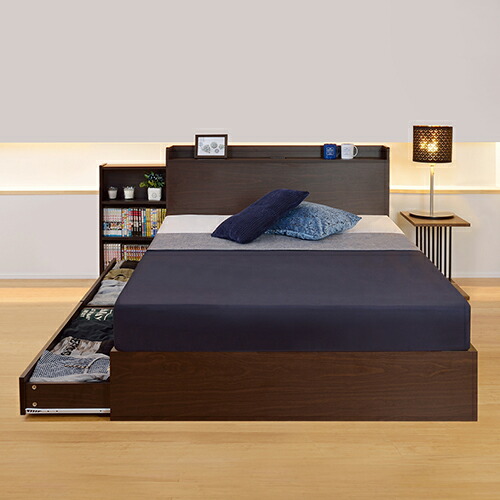 楽天市場】本棚付引出し収納ベッド ダークブラウン セミダブルサイズ