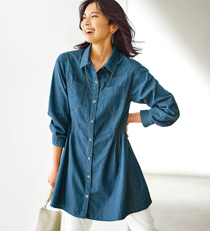 楽天市場】チュニック レディース シャーリング使いデニムシャツ