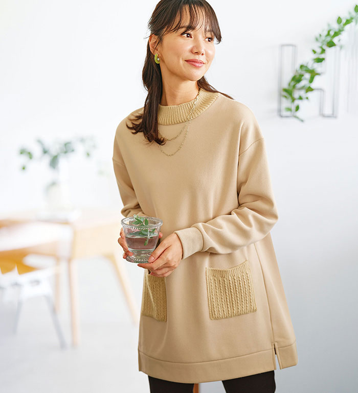 楽天市場】ニット レディース 長袖 チュニック 裏起毛素材ニット切替