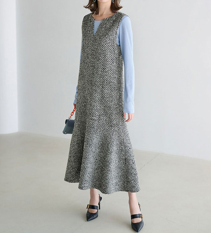 楽天市場】ワンピース M L LL 3L ツイード素材キーネックジャンパー