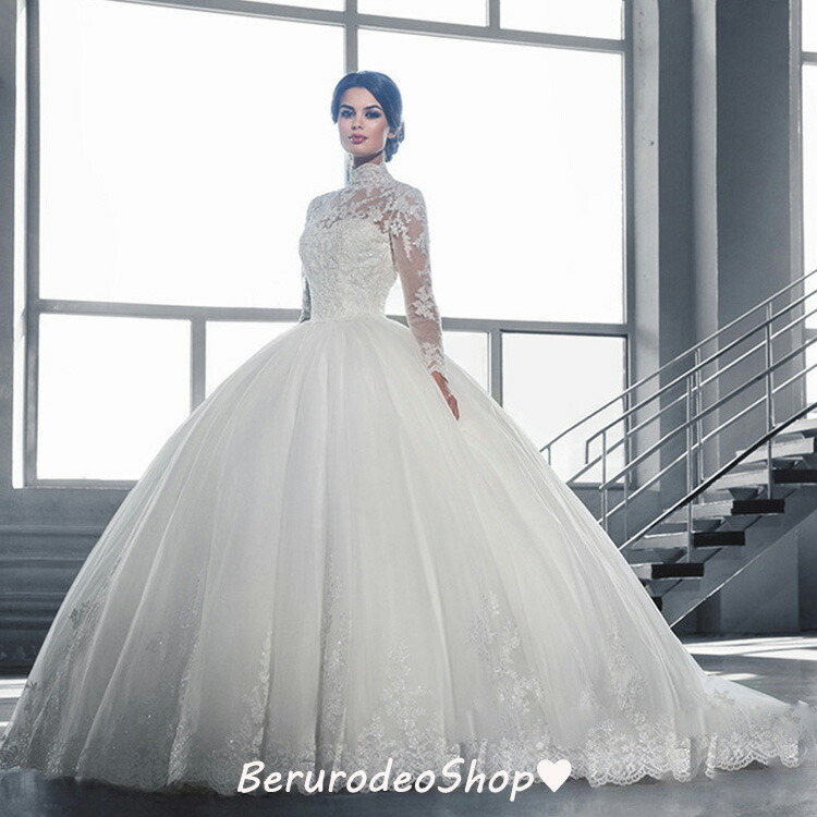 楽天市場】ウェディングドレス レース ハイネック キレイめ トレーン