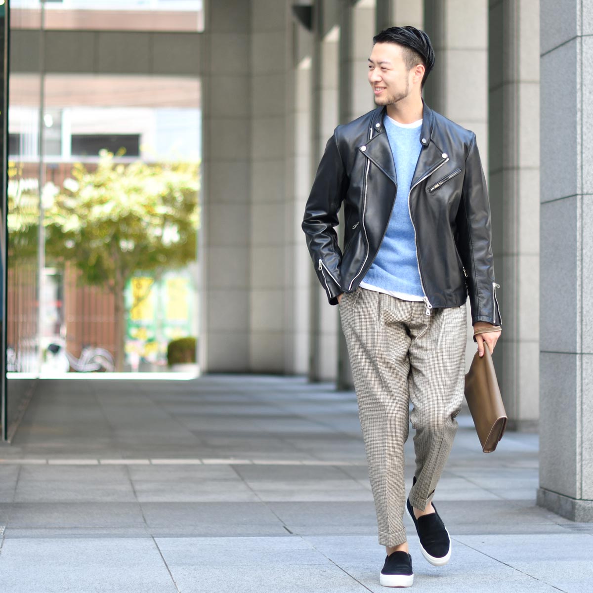 美品】チンクワンタ レザージャケット 羊革 ネイビー ストライプ