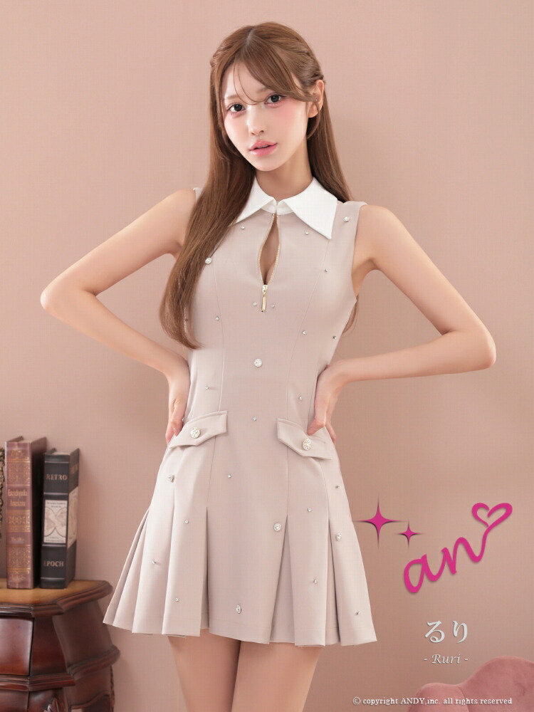 anストレッチビジュー襟付きジッパーノースリーブ裾プリーツフレアミニ
