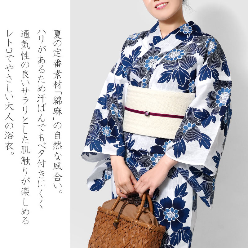 楽天市場】夏着物 つやび×雅姫 藍捺染 綿麻 紺 白地 ネイビー 花柄