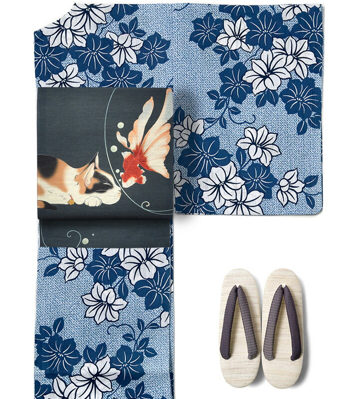 楽天市場】夏着物 つやび×雅姫 藍捺染 綿麻 鉄線 古典柄 花柄 青 白