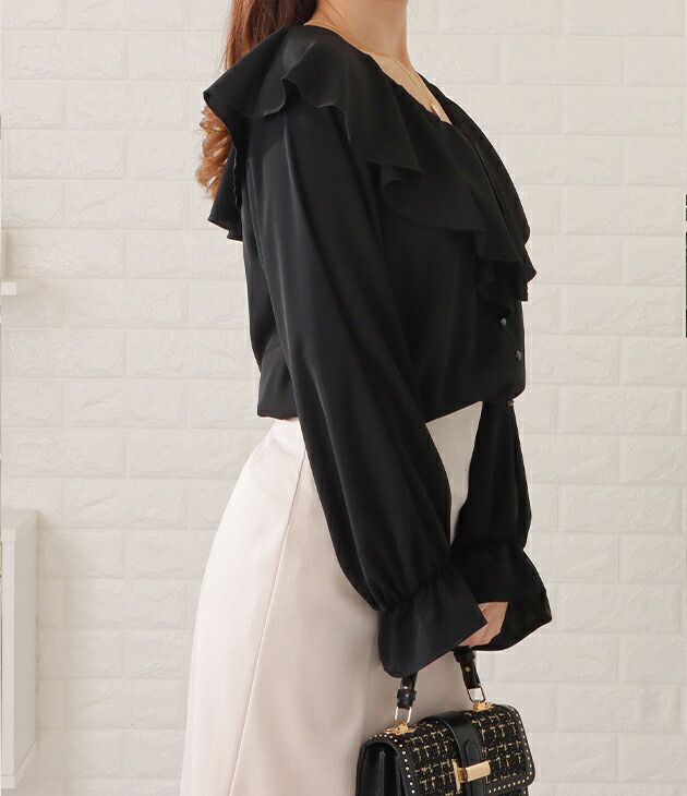 楽天市場】ラッフルフリルギャザーブラウス レディース Vネック