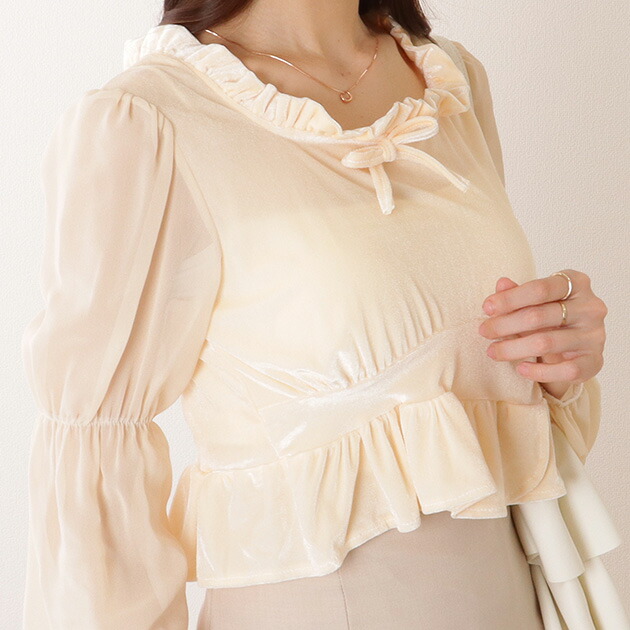 楽天市場】スクエアネック フリル リボン ベロア調 ブラウス 女性