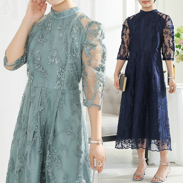 楽天市場】総レース プチハイネック スカラップ フレア ワンピース