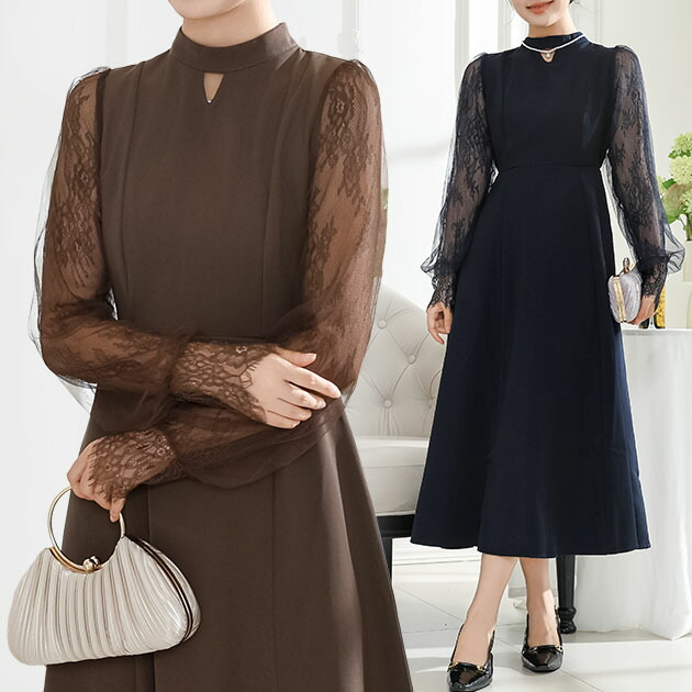 楽天市場】プチハイネック レース ドッキング ロング ワンピース 女性