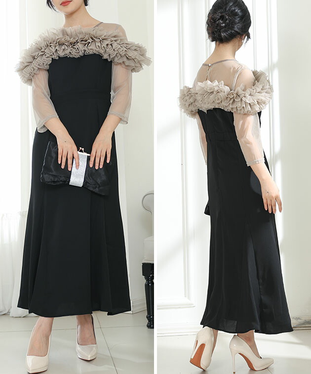 楽天市場】チュールフリル シアー 切り替え フレア ロング ドレス