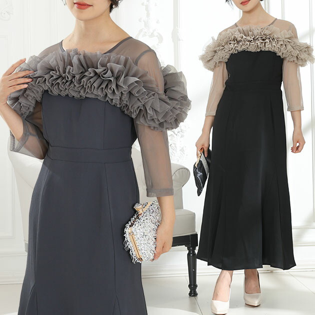 楽天市場】チュールフリル シアー 切り替え フレア ロング ドレス