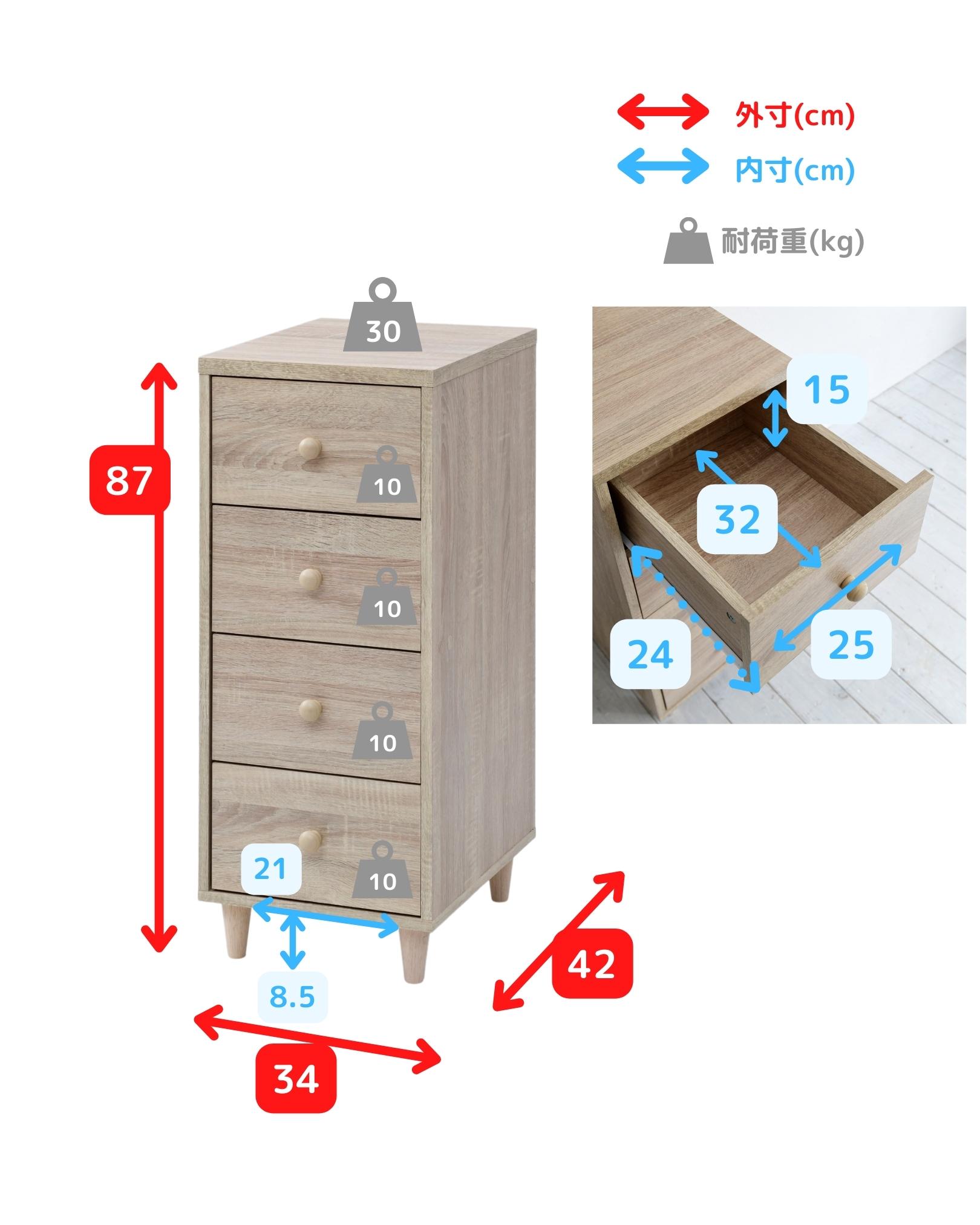 楽天市場】ホコリの入りにくい 木製 チェスト スリム 4段 幅34 奥行42