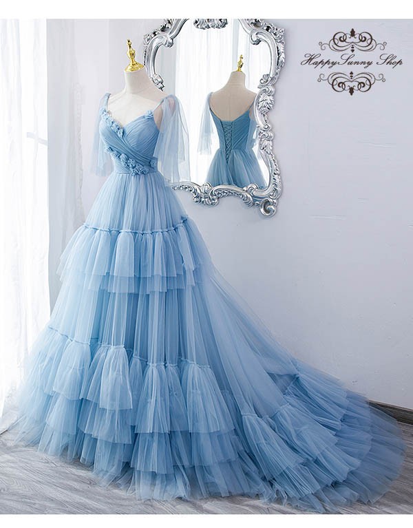 楽天市場】ティアードドレス ウェディングドレス ライトブルー カラー