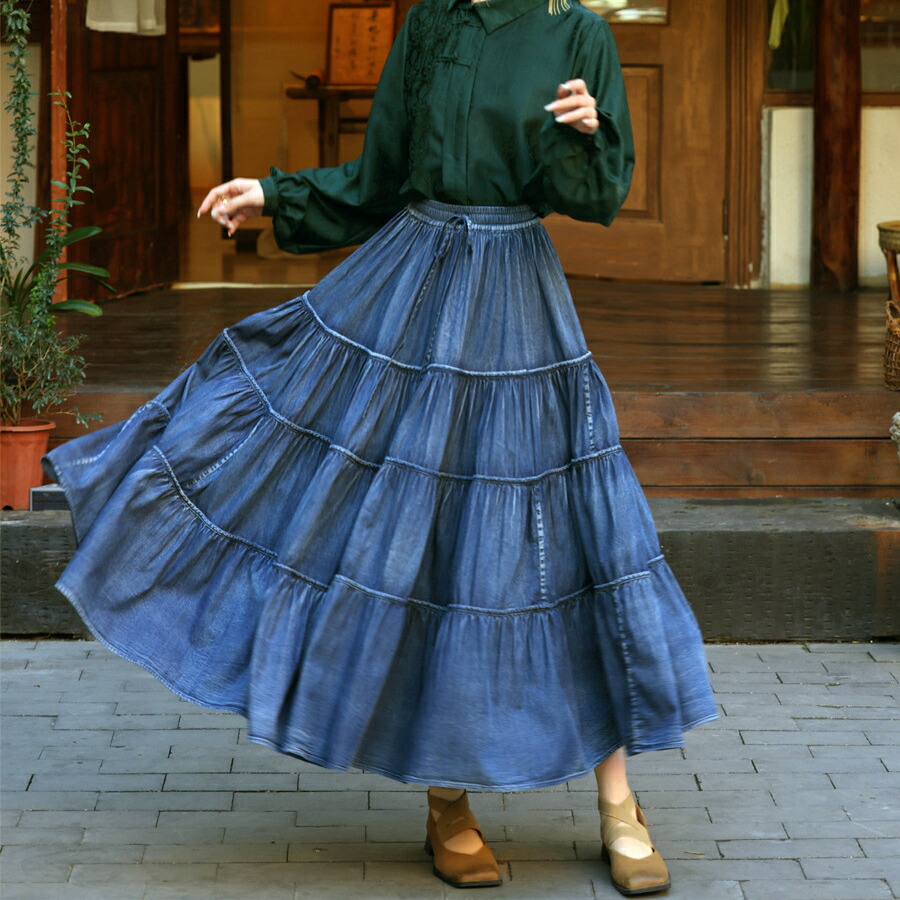 楽天市場】即納 スカート ロング デニム レディース ティアード マキシ