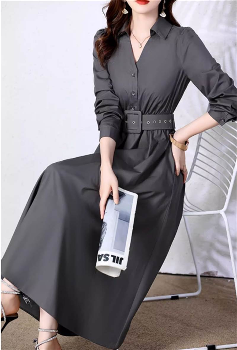 楽天市場】ワンピース シャツワンピース フレア ロング丈 長袖 Vネック