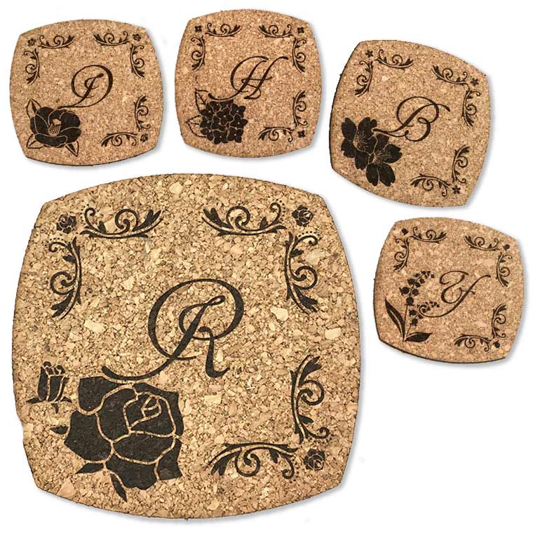 楽天市場】イニシャル入り フラワーコースター 四角コルク製 全5種