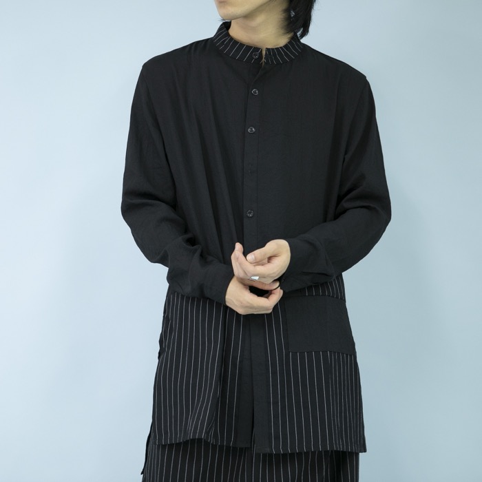 楽天市場】【Le sucood】変形ストライプ ノーカラーシャツ 黒 メンズ