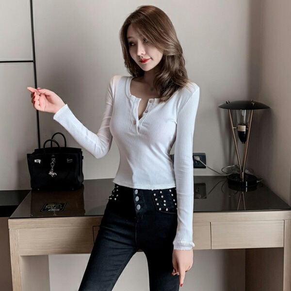 楽天市場】胸元セクシートップス レディース長袖Tシャツ シンプル