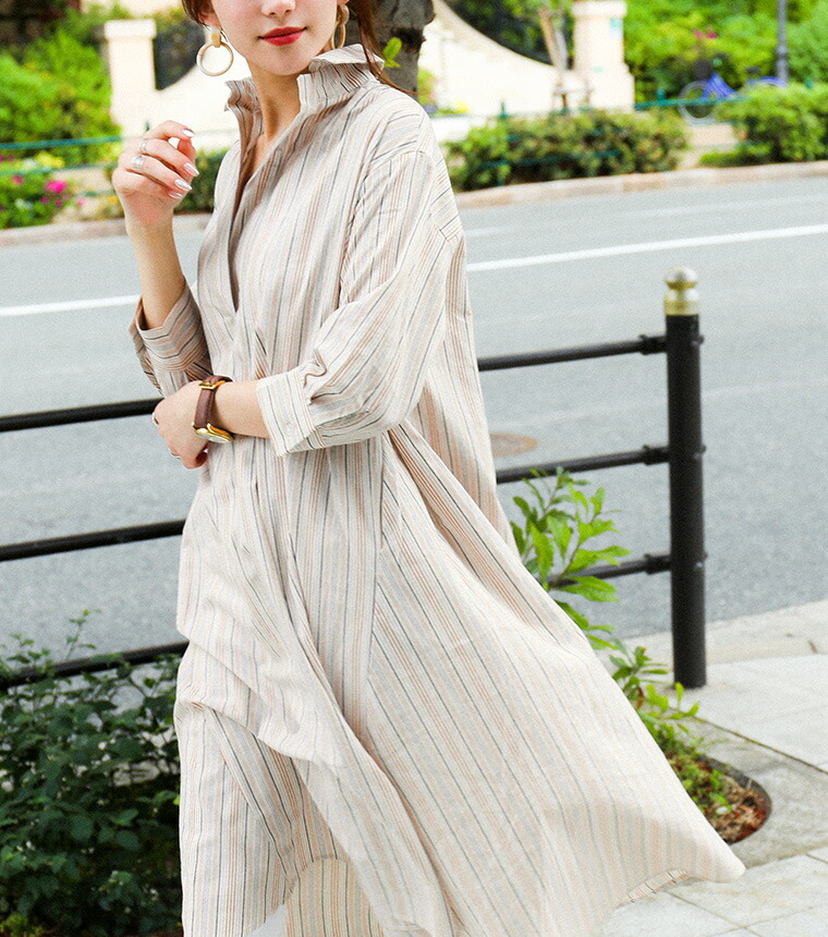 楽天市場】ストライプ シャツワンピ ロング 七分袖 秋 冬 ワイド