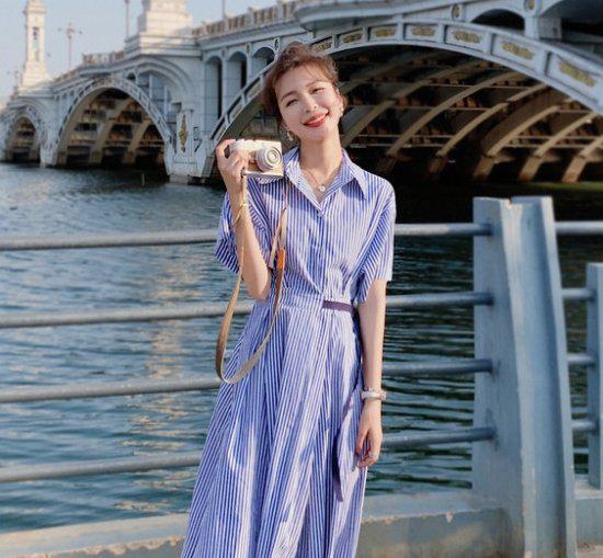 楽天市場】【取寄】シャツワンピース ストライプ フレア 襟付き A