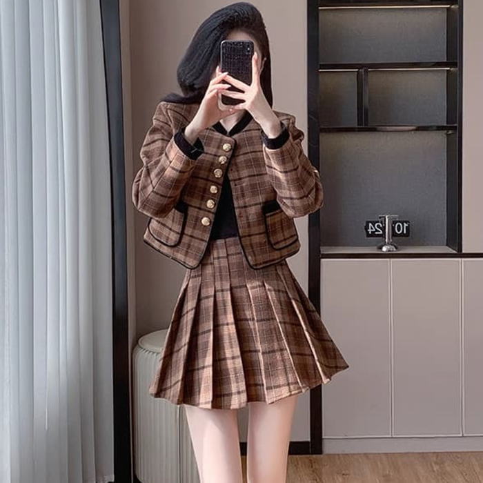 楽天市場】スカート セットアップ チェック柄 スタンドカラー 金ボタン
