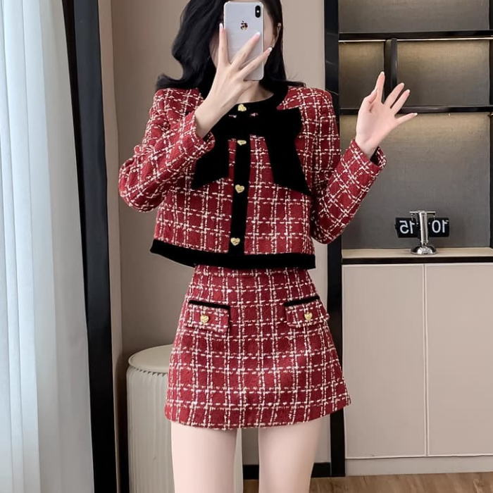 楽天市場】スカートセットアップ ノーカラー ツイード リボン 長袖