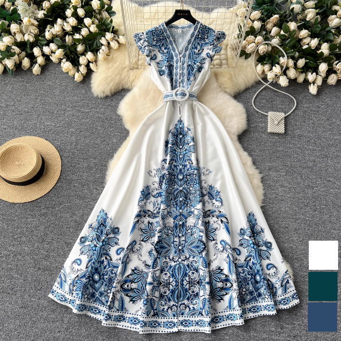 楽天市場】ワンピース ペイズリー柄 Vネック フリル ベルト