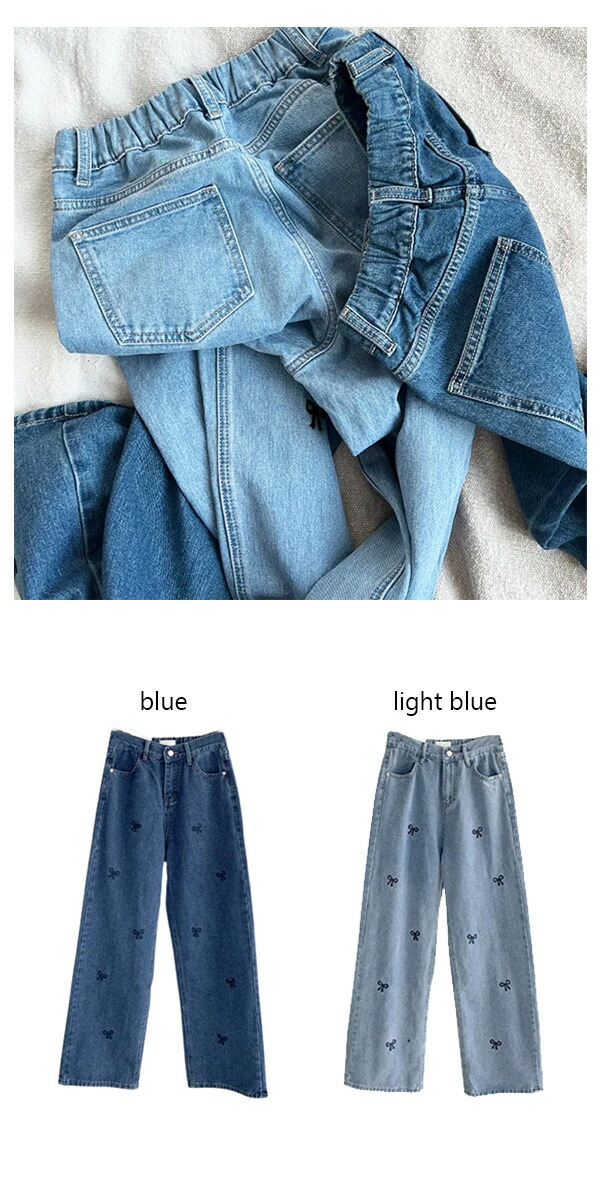 楽天市場】リボン刺繍 デニムパンツ デニムパンツ ワイドパンツ フレア