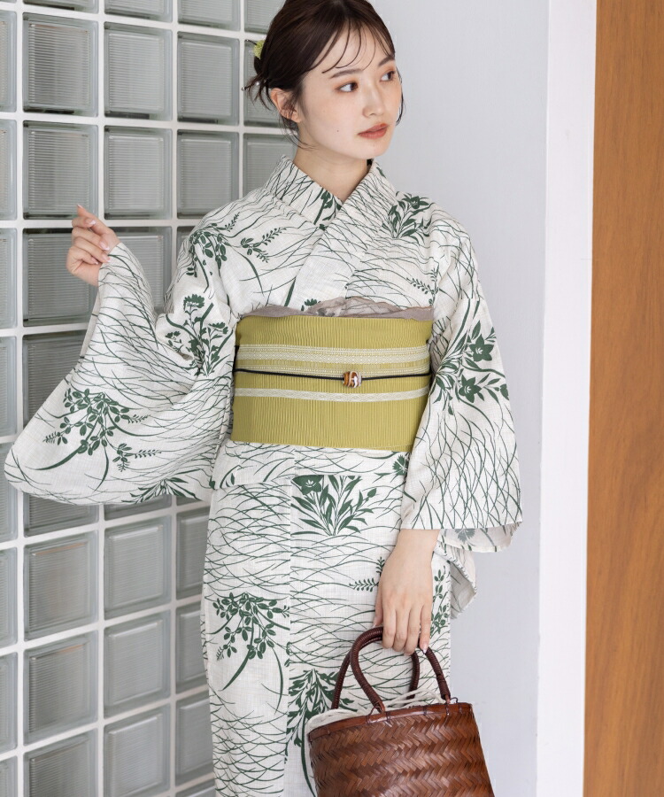 ゆかた館グレース　こだわり浴衣セット　花柄浴衣・帯セット（着付け図解付き） こだわり浴衣5点セット (浴衣/帯/下駄/腰紐/着付け冊子) 麻混 綿麻 先