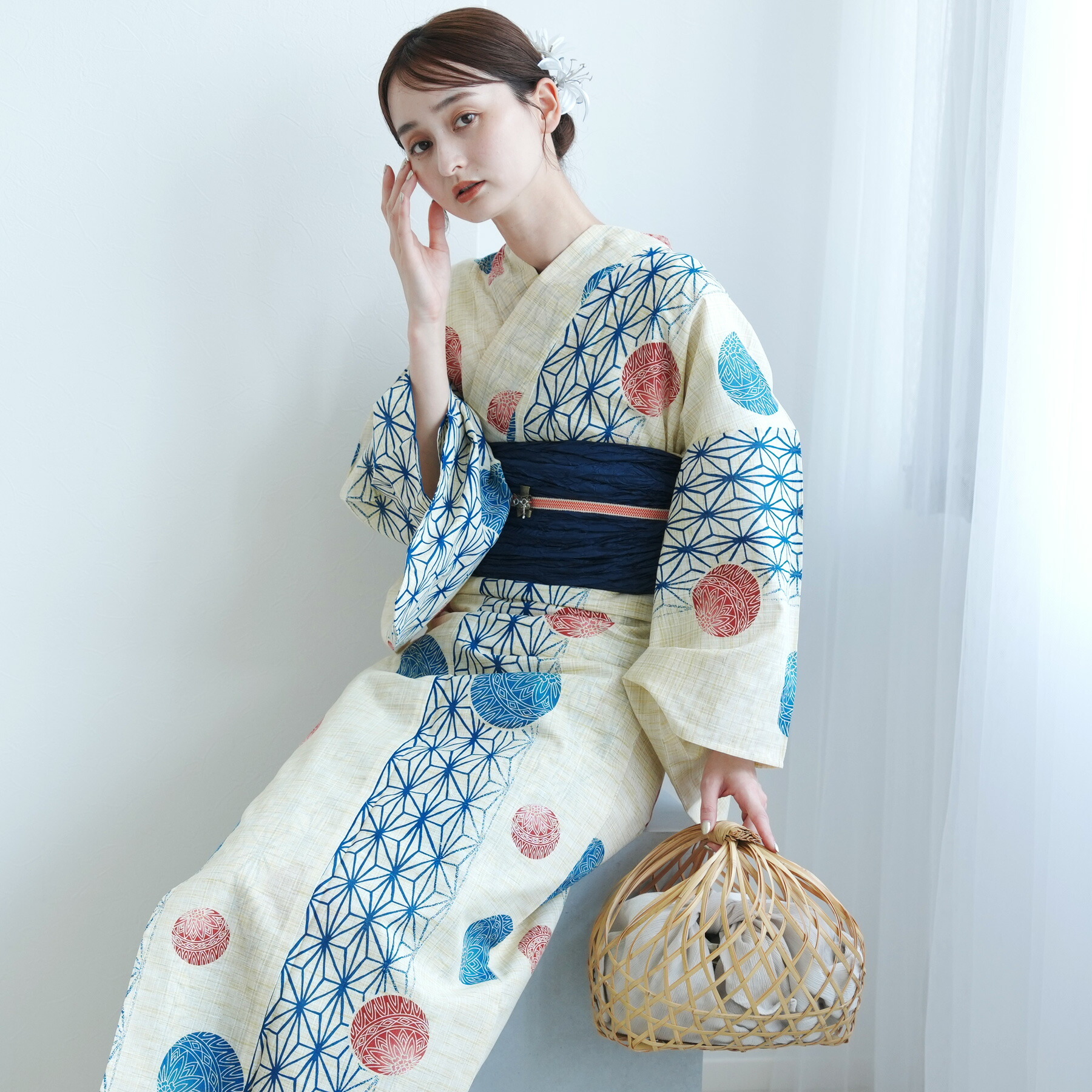 オール新品□変わり織，水玉×百合の花模様大人浴衣，半幅帯，特別