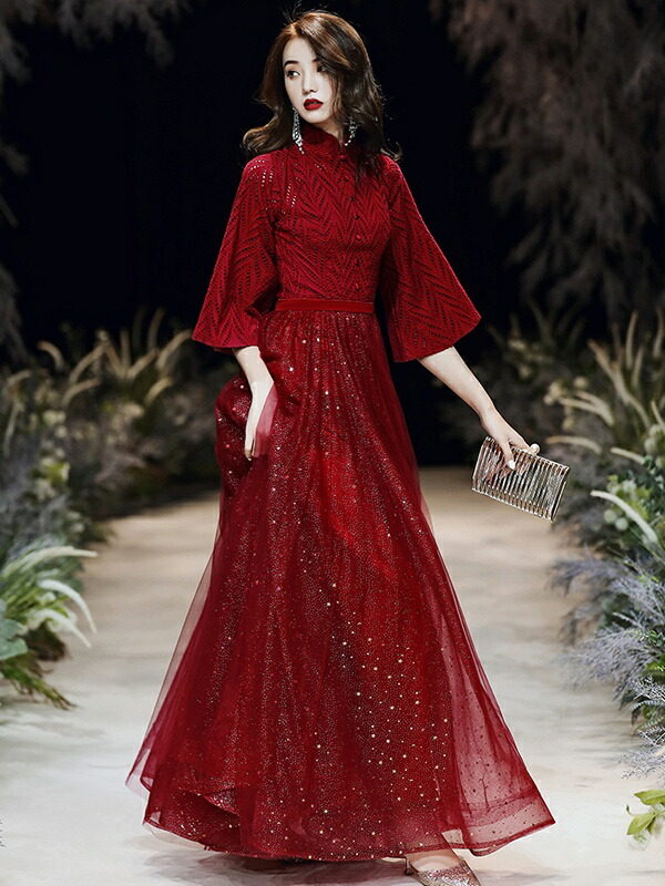 楽天市場】ロングドレス 赤 演奏会 ピアノ 発表会 パーティードレス 袖