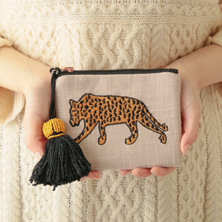 楽天市場】ポーチ | KANKAN タイガー レオパード フラット 刺繍ポーチ