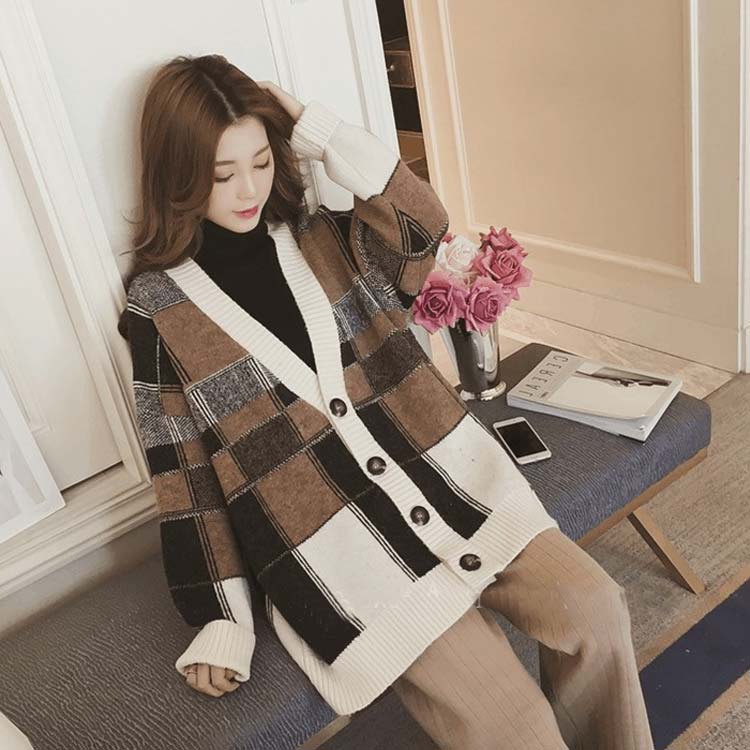 楽天市場】ニットカーディガン 全3色×5サイズチェック柄カーディガン