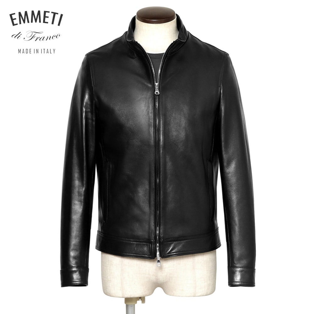 レア！EMMETI ネイビーレザーシングルノーカラーライダース EMMETI - MASSIMO LAMBSKIN SP LEATHER スペシャル レザー シングル