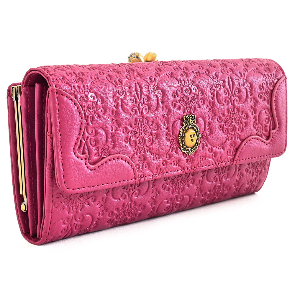 未使用ANNA SUI レザーがま口長財布 バタフライ エンボス ローズ 箱