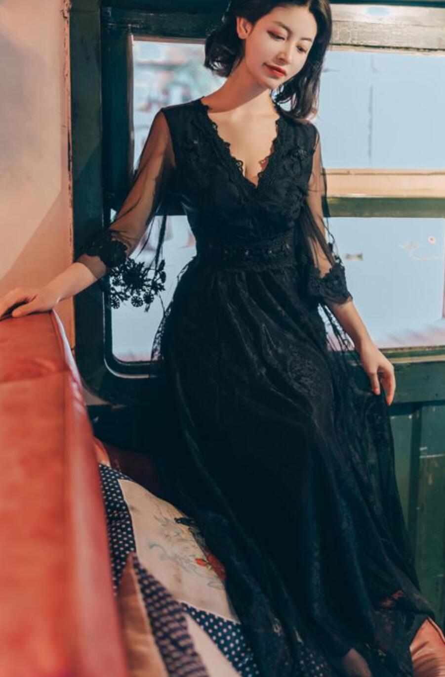 楽天市場】ロング丈 ワンピース レース Vネック 七分袖 フリル