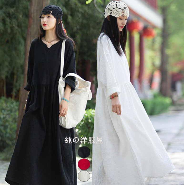 楽天市場】ワンピース ロング丈 綿麻ワンピース チェニック 長袖