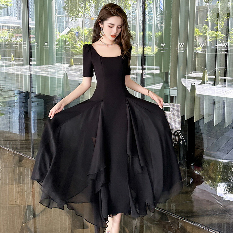 楽天市場】Aラインワンピ 無地 シフォン切替 パフスリーブ パーティー