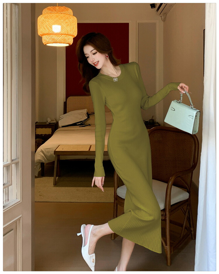 楽天市場】ニットワンピース 全4色 クルーネック リブニット 長袖 単色