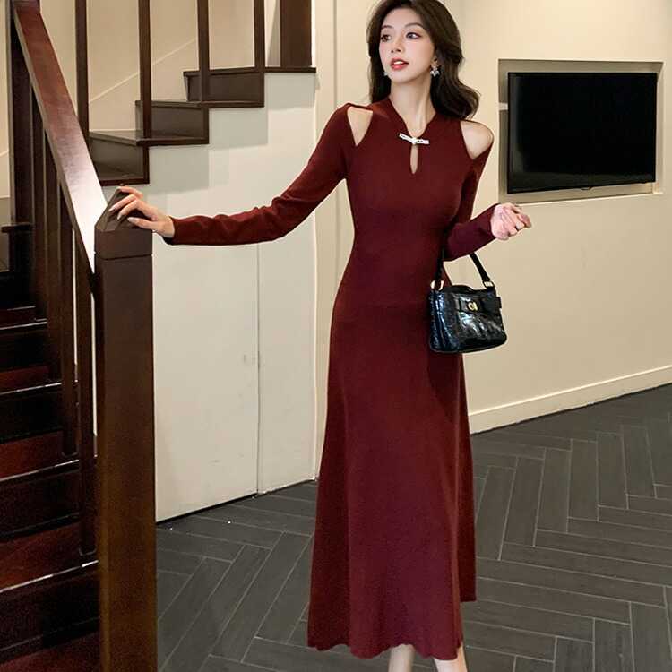 楽天市場】オープンショルダー ニット ワンピース 全4色 黒 赤 ワイン