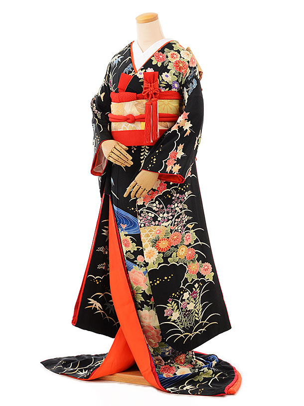 楽天市場】黒引き振袖 着物 神社婚 和装 1AJ0356 黒地流水 花柄 鶴