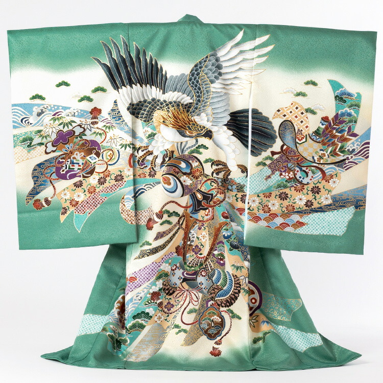 楽天市場】※廃番 お宮参り 着物 男の子[青竹色 鷹] 産着セット(紐付き