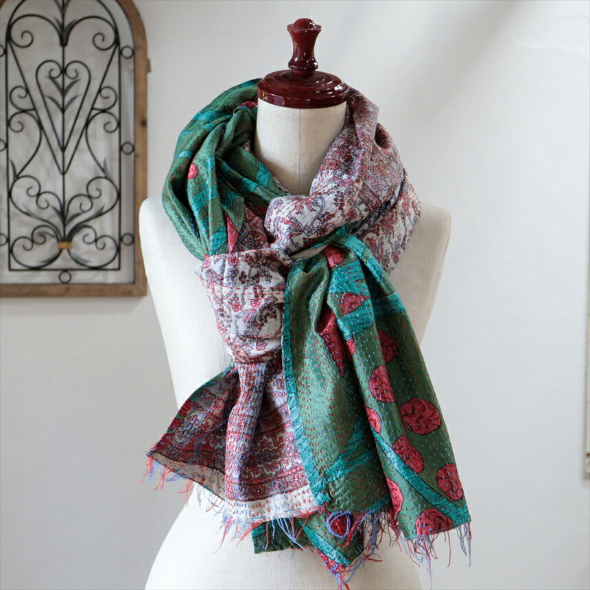 楽天市場】カンタ刺繍 シルクストール 222×95cm幅広 リサイクルサリー