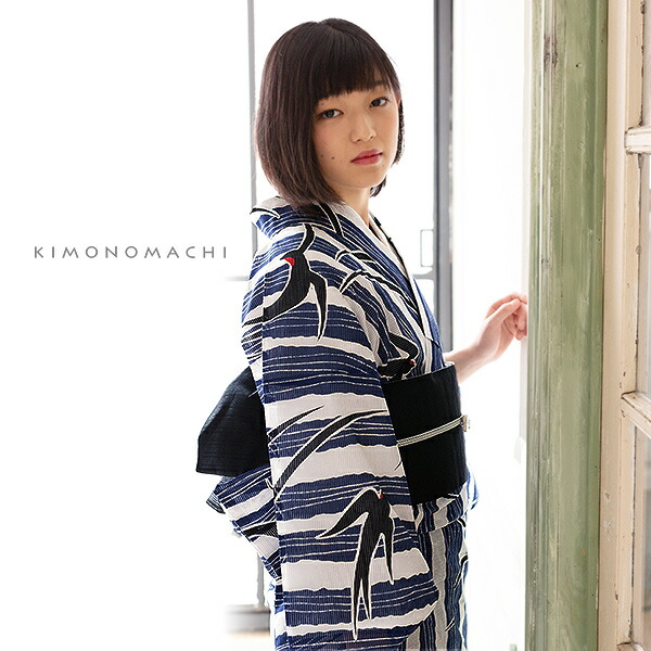 美品】浴衣 反物 ツバメ 紺色 ViVi 幅広 男女兼用 ゆかた地