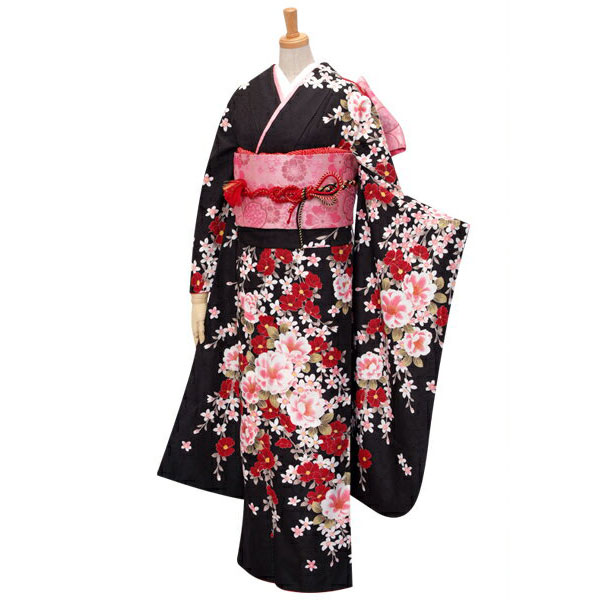 楽天市場】【成人式 振袖 レンタル】RS1575黒 椿と花の調べフルセット