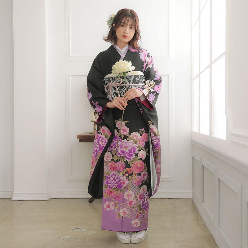 楽天市場】【成人式 振袖 レンタル】RS1651 正絹 黒 牡丹に桜と菊花