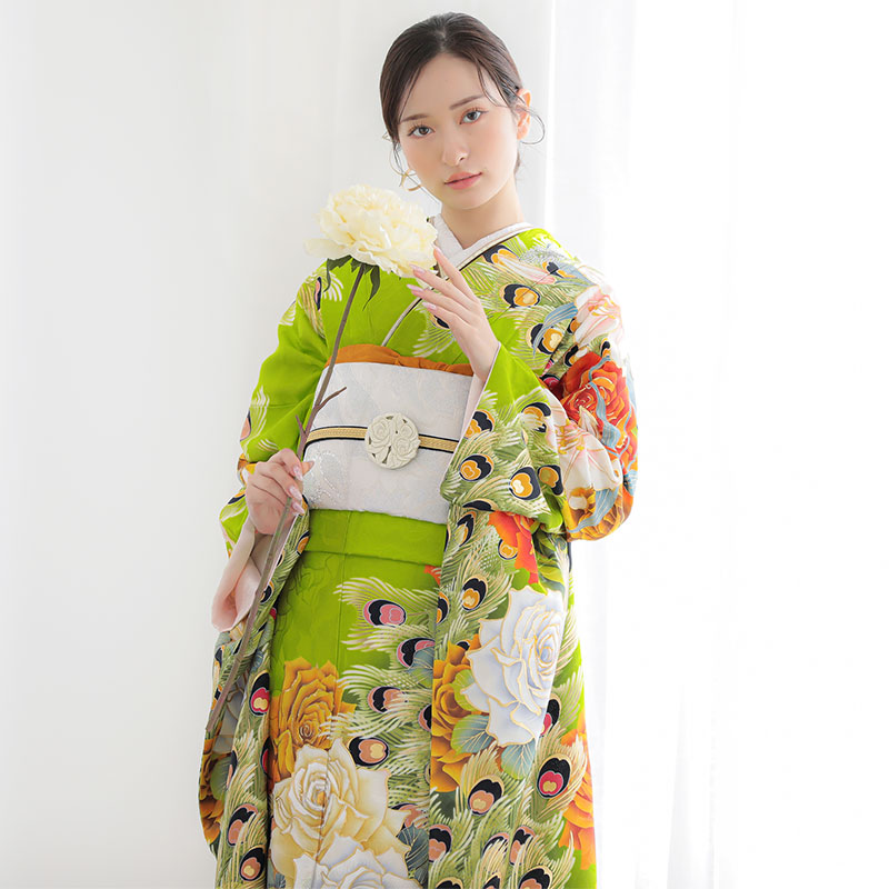 楽天市場】【振袖 レンタル】 結婚式 結納R1723 正絹 黄緑 バラと孔雀