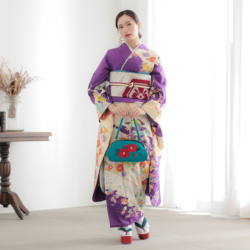 楽天市場】【振袖 レンタル】 結婚式 結納R1738 正絹 紫 花に飛鶴と扇